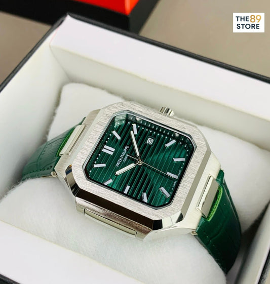 Patek Philippe Square Green Leather Strap Watch