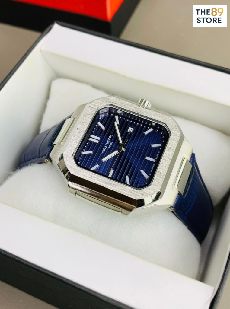 Patek Philippe Square Blue Leather Strap Watch