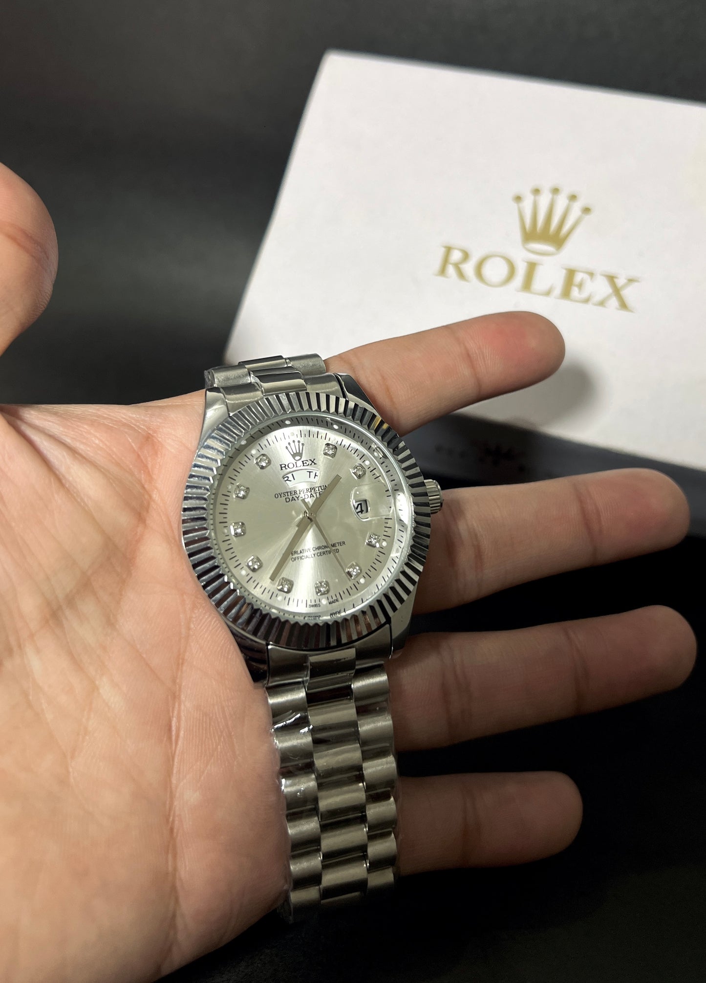 Rolex Oyster Perpetual Day-Date – Silver Dial, Diamond Markers