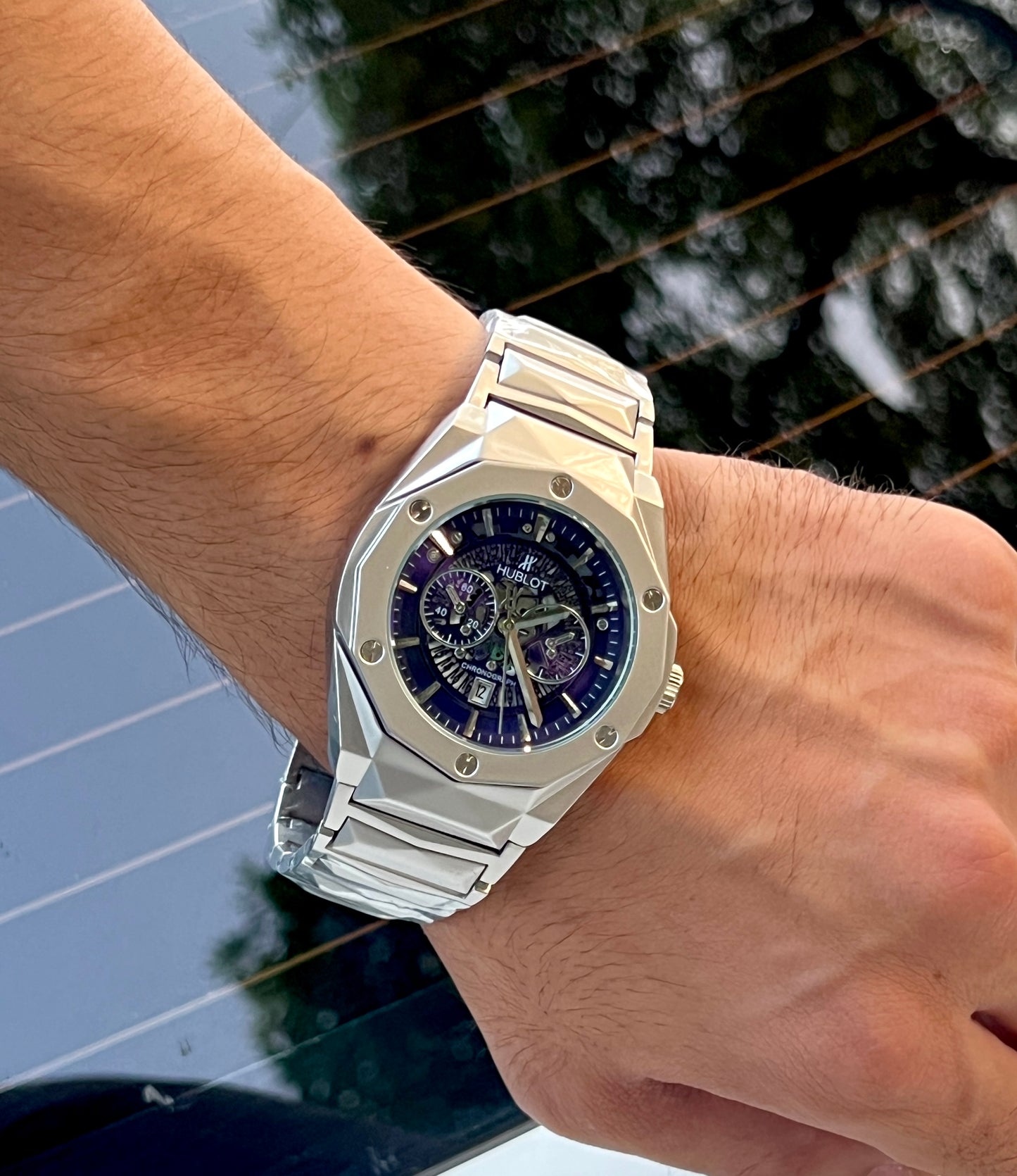 Hublot Cut Silver Watch with Blue Dial - Heavy Weight