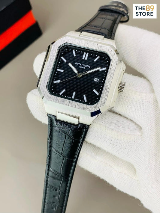 Patek Philippe Square Black Leather Strap Watch