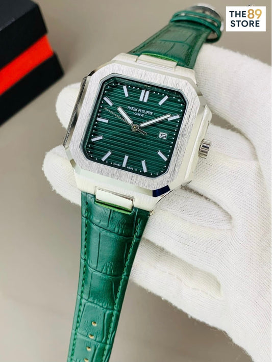 Patek Philippe Square Green Leather Strap Watch