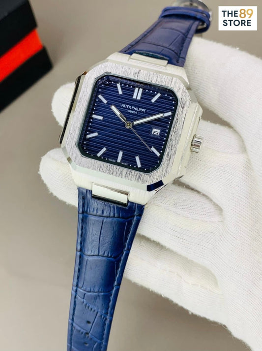 Patek Philippe Square Blue Leather Strap Watch