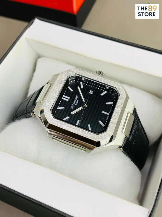 Patek Philippe Square Black Leather Strap Watch