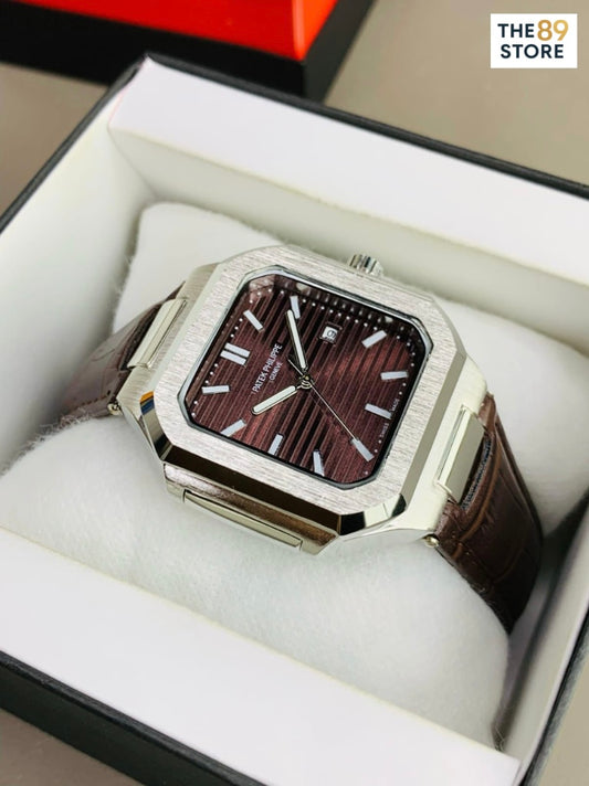 Patek Philippe Square Brown Leather Strap Watch