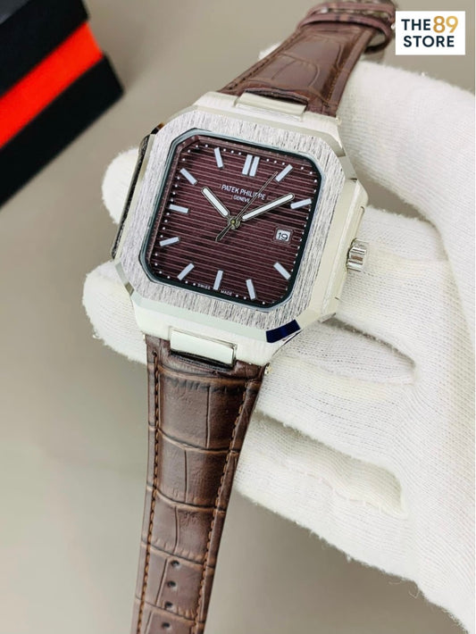 Patek Philippe Square Brown Leather Strap Watch