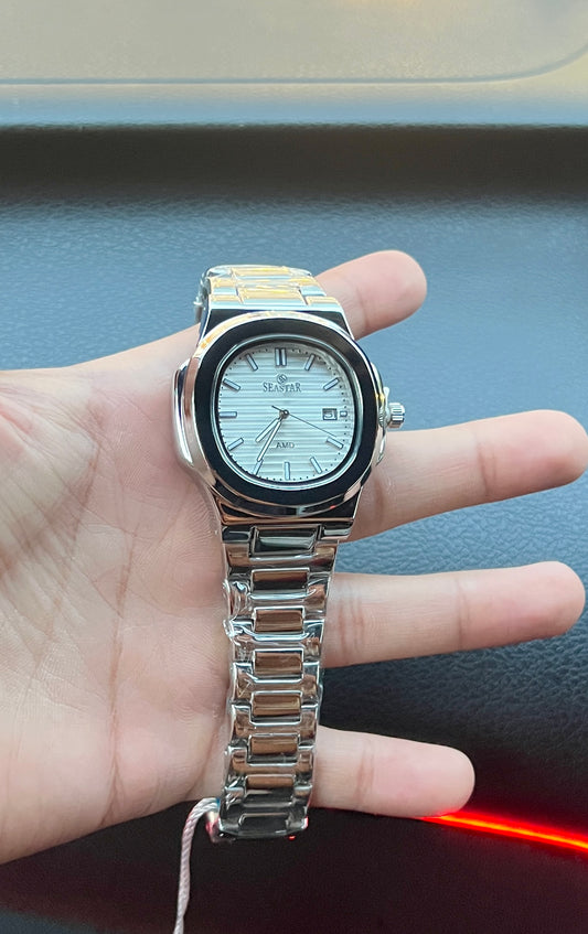 SEASTAR Men’s Silver Watch – White Dial | Full Water-Proof Professional Design