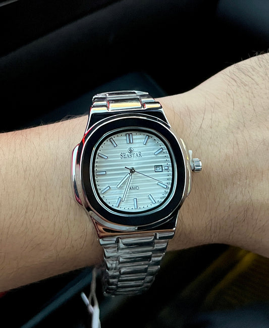 SEASTAR Men’s Silver Watch – White Dial | Full Water-Proof Professional Design